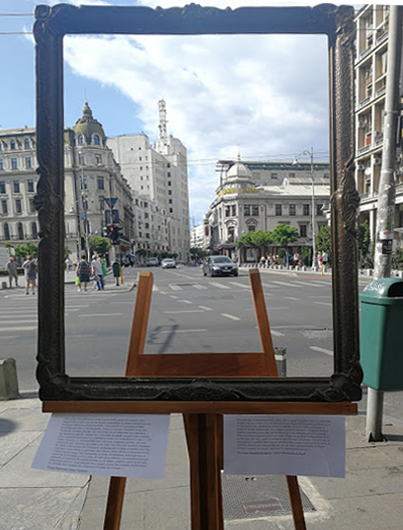 Ramă ornamentală încadrează o scară istorică urbană